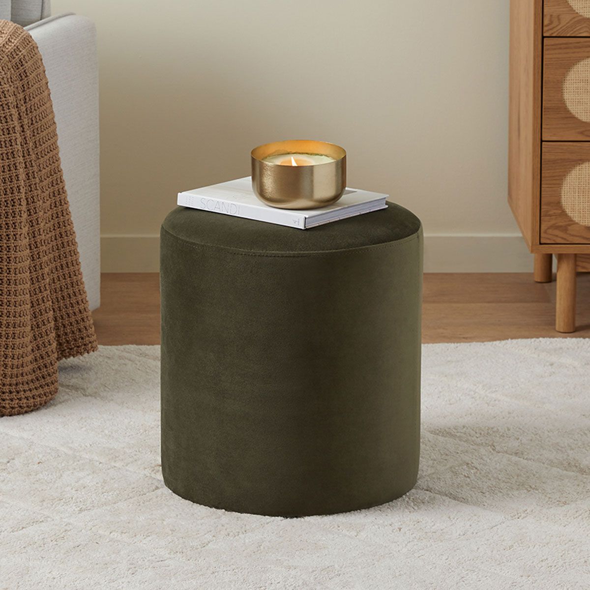 Velvet Ottoman - Small - Olive Green