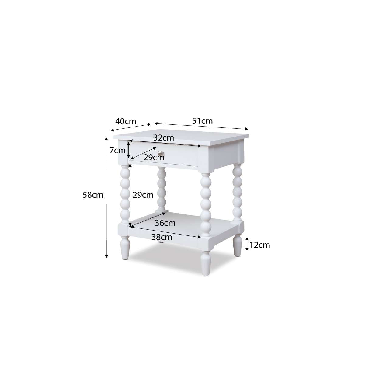 Bobbin Bedside Table - White
